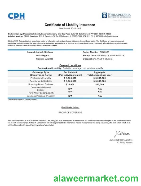 USA Pennsylvania Certificate of Liability Insurance